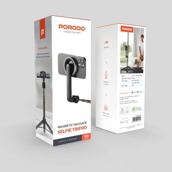 Porodo Magnetic Selfie Stick 64.5Cm Extendable With 3 Leg Tripod And Remote Control - Black